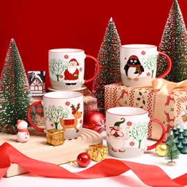 YHRJWN Christmas Mugs Set of 4, Merry Christmas Coffee Mugs with Reindeer, Santa, Snowman, Penguin Designs, Holiday Gifts for Family & Friends, 11 Oz