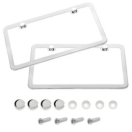 MTRPS 2PCS License Plate Frames, 2 Holes Rust-Proof Metal Car Tag Holder with Washers Screws Chrome Caps, Heavy Duty Stainless Steel Polished Frame for Front & Rear License Plates