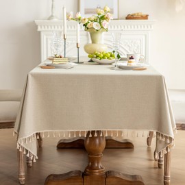 LSYMJ 1 Pack Heavy Duty Cotton Tablecloth Soft Wrinkle Resistant Fabric with Decorative Tassles Fringe for Kitchen Dining Table, Warm Beige, 55x102 Inch