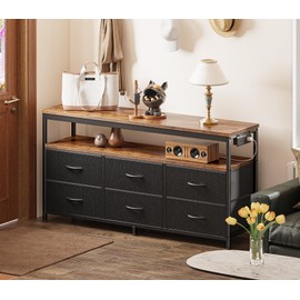 Huuger LED TV Stand for Bedroom, 47 Inch Dresser TV Stand for 43, 50, 55 Inch TV, Rustic Black TV Stand with Storage, Entertainment Center with Power Outlets, 6 Drawer Fabric Dresser for Living Room