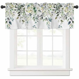 Spring Summer Curtain Valances for Windows Rod Pocket Decorative Window Treatments Watercolor Farmhouse Eucalyptus Leaves Green Valance Curtains Kitchen Short Valances for Living Room Bedroom 42"x12"