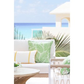 Hofdeco Premium Coastal Patio Indoor Outdoor Lumbar Pillow Cover Only, 12"x20" Water Resistant for Backyard, Couch, Yellow Embroidered Vertical Line