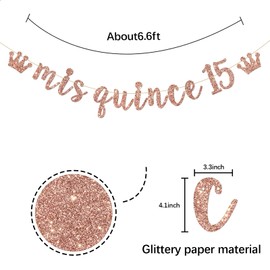 INNORU Mis Quince 15 Banner, Girls 15th Birthday Party Decorations, Fifteen Sign Banner, 15th Birthday Party Decorations, Rose Gold Glitter