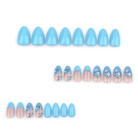 24Pcs Blue Press on Nails Medium Almond Nails French Tip Fake Nails with Floral Spring Summer False Nails Gradient Designs Glue on Nails Blue Flower Acrylic Nails Full Cover Nail Tips for Women