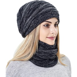 KIRAAT Womens Slouchy Beanie and Scarf Set for Girls Warm Knit Winter Ski Hat with Fleece Lined (Black)