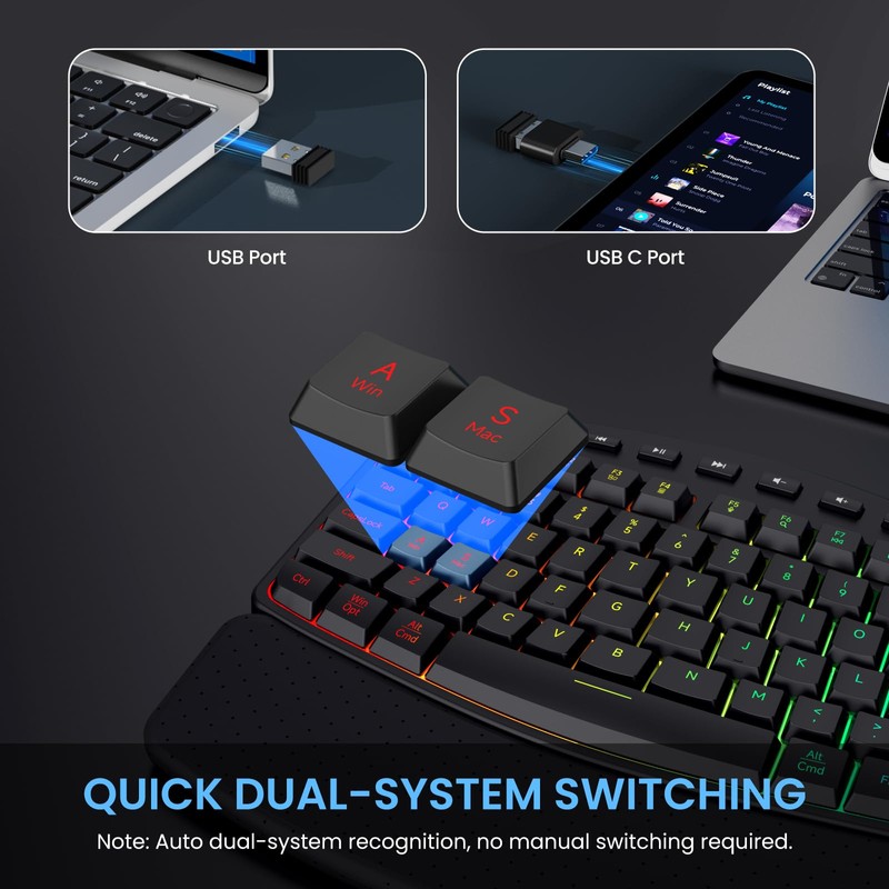 COLIKES Wireless Ergonomic Keyboard, Backlit Keyboard Silent with 15 RGB