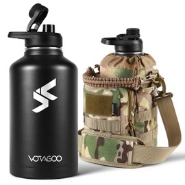 VOTAGOO GEAR 64Oz Tactical Water Bottle - Half Gallon Stainless Steel Insulated Water Bottle, Metal Military Bottle with Rugged, Removable Sleeve Tactical Carrier Bag for Hiking Camping Hunting (CP)