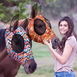 Weewooday 2 Pieces Horse Fly Masks for Horses Soft Fly Masks for Horses with Ears Smooth and Elasticity Fly Mask with UV Protection(L, Geometry Patterns)