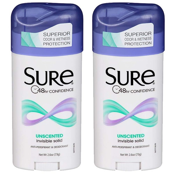 Sure Invisible Solid Anti-Perspirant and Deodorant, Unscented, 2.6-Ounces (Pack of 2)