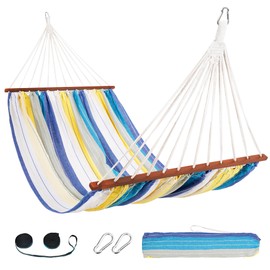 Lazy Daze Hammocks Cotton Fabric Spreader Bar Hammock, Outdoor Portable Hammock with Carrying Bag & Tree Straps for Bedroom, Patio, Backyard, Balcony, Max 450lbs Capacity, Blue & Yellow