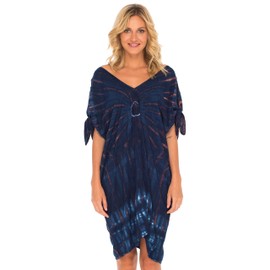 SHU-SHI Vestido de playa para mujer, estilo caftán, holgado, teñido anudado, Azul marino, M-L