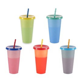 5pcs Color Changing Cups, 24oz 5 Reusable Cold Drink Cups with Lids and Straws Summer Coffee Tumblers Party Cup