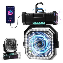 PIYOOPDR Camping Fan with Bluetooth Speaker Portable Fan,20000mAh Rechargeable Battery Powered Fans,Quiet 4-Speeds, 4-LED Light,360° Hanging Hook for Outdoor Picnic Tent Beach Travel Barbecue, Black