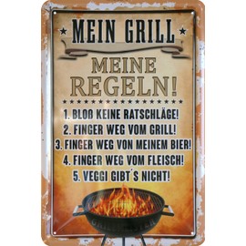WOGEKA ART Retro Tin Sign - My Grill My Rules - Funny Saying as a Gift Idea for Barbecue Fans for Decoration, 20 x 30 cm, Made of Metal in Vintage Design 09