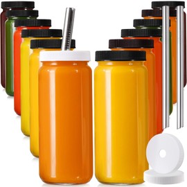 12 PACK, 16 OZ Glass Juice Bottles with Airtight Lids, Bonus 2 Straws & Perforated Lids, Reusable Juicer, Juicing Bottle - Clear Drinking Jars Cups, Water Bottles, Travel Juice Container, Black Caps