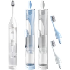 First-zgel 2 Pcs Travel Toothbrush Kit Fold Travel Size Built-in Toothbrushes Set, Including 2 Replacement Toothbrush Heads for Travel Camping School Business Trip (Blue, White)