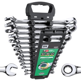 SK Ratcheting Wrench Set, Combination Wrench Set, 13-Piece, SAE 1/4" to 1", 72-Tooth, Premium CR-V Construction, with Rack Organizer