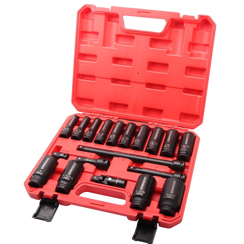 SONIGEKO Socket Set 1/2" Drive Impact Socket Set,19-Piece 6 Point