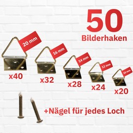 RIKAMA Golden Picture Folding Eyelets Set Including Nails for Hanging Pictures, Photos, Canvases & Frames - 100 Picture Hooks in Sizes 20 x 10 mm, 24 x 12 mm, 28 x 14 mm, 32 x 16 mm & 40 x 20 mm (Mix