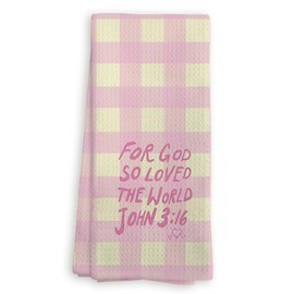 Bnwepo Pink Checkered Christian Kitchen Towels, John 3:16 Bible Verse Decor Dish Tea Towels for Kitchen, Preppy Pink and Beige Plaid Hand Towels for Bathroom Decor, 16x24 Inches