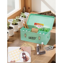 Candco Seed Storage Organizer, Metal Seed Storage Box with Lid and Safety Locks, Seed Bin Packet Container with 12 Seed Bottles, 20 Seed Envelopes, Funnel, Marker Pen and Label Stickers
