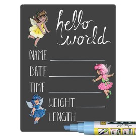 Cohas Hello World Newborn Baby Announcement Chalkboard Sign with Fairy Theme, 5 by 7 Inches, Blue Marker