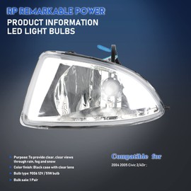 RP Remarkable Power, LED Fog Light for 2004 2005 Civic 2/4Dr Clear LED Fog Light with LED Light Bulbs and Wiring Harness& Clear Lens Kit FL12232