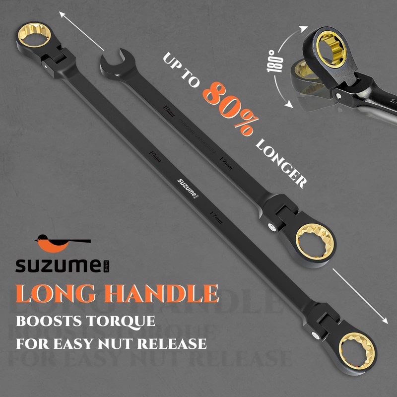 SUZUME Extra Long Flex Head Ratcheting Wrench Set 6PCS (8-19mm)
