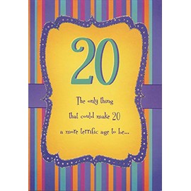 Designer Greetings Purple and Silver Foil Frame on Yellow Age 20 / 20th Birthday Card