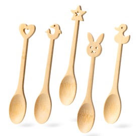 Hefild Small Wooden Spoons Set of 5 – 6.2inch Mini Wood Spoon with Cute Cartoon Handles, Bamboo Spoons for Honey, Tea & Spices, Wood Spoon for Eating & Stirring – Reliable Wooden Teaspoon Set