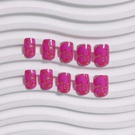 Valentines Press on Nails Short Square Pink Heart Fake Nails with Designs Glitter Full Cover Cute Valentine Nails Press Ons Short Glue on Nails Acrylic Glitter Full Cover Holiday Nails for Women