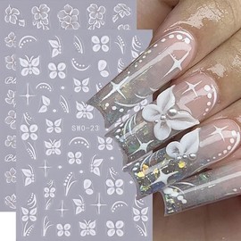 White Flower Nail Art Stickers Summer White Hawaiian Flowers Nail Decals 3D Self-Adhesive Flower Nail Art Supplies Summer Cute Floral Nail Designs Manicure Sliders for Women Nail Art Decorations