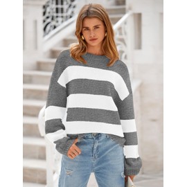 PRETTYGARDEN Womens 2024 Oversized Lantern Long Sleeve Striped Sweaters Fall Casual Crewneck Loose Chunky Knit Pullover Tops(Striped Grey White,Medium)