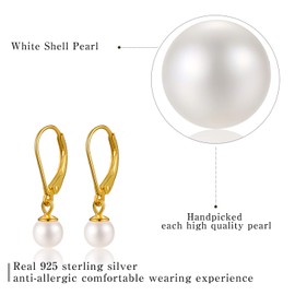 Gift for Christmas Esberry 18K Gold Plating 925 Sterling Silver Pearl Earrings Handpicked White Shell Pearl Drop Earrings Jewelry for Women and Girls (yellow-gold-plated-base, 6.0mm)