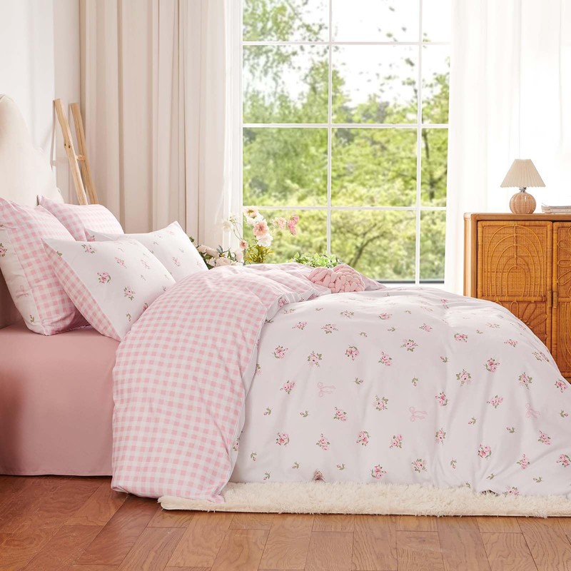 Pink Floral Comforter Set Queen Reversible Pink Gingham Bedding