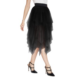 Women’s Elegant Mesh Layered Tulle Skirt Sheer Tutu Skirt Midi Dress (M, Black)