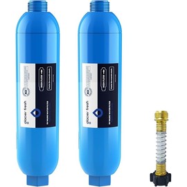 GLACIER FRESH RV/Marine Water Filter with 1 Flexible Hose Protector, Greatly Reduces Bad Taste, Odors, Chlorine and Sediment in Drinking Water, 2 Pack