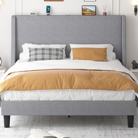 VECELO Queen Bed Frame with Charging Station, Type-C & USB Ports,Upholstered Platform Bed with Wingback Storage Headboard and Side Pockets, Solid Wood Slats Support, No Box Spring Needed,Pale Grey