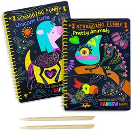 JUNQIU 2 Pack Animal & Unicorn Scratch Art for Kids, Rainbow Scratch Paper Art Notebook, Arts and Crafts for Boys Girls, Birthday Gifts Party Games