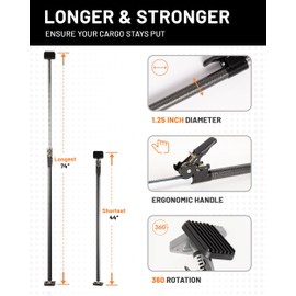 Strapinno - Ratcheting Cargo Bar 44"-74", Non-Slip Truck Bed Divider, Easy Setup, Strong 1.25" Tube, Adjustable Stabilizer for Pickup Trucks
