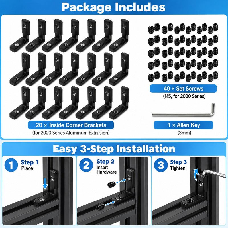 20-Pack 2020 L-Shaped Corner Brackets for Aluminum Extrusion – Black