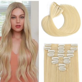 Clip in Hair Extensions Real Human Hair Straight Hair 100% Human Hair Extensions Brazilian Remy Human Hair Clip in Hair Extensions 8pcs with 18Clips 60g Double Weft Handmade 14Inch,#613 Bleach Blonde