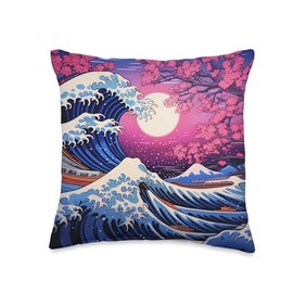 Wave Bloom Vibes Artistry Japanese's Vibrant Colors Wave Sakura's Luminous Bloom Throw Pillow, 16x16, Multicolor