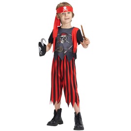 IKALI Boys Pirate Costume, Kids Pirate Role Playing Outfit, World Book Day Outfit with Eye Patch, Headband, Sabre, Hook 7-8 Years