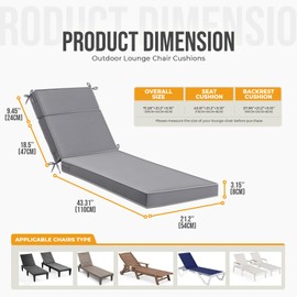 Uthem Waterproof Chaise Lounge Cushions, 72x21x3 Inch Outdoor Lounge Chair Cushion High-Density Foam Fade Resistant Patio Sun Lounger Pad Replacement with Removable Covers and Ties, Grey