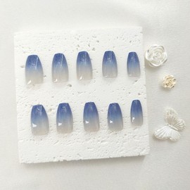Press on Nails Short Coffin Fake Nails Cat Eye Glue on Nails Blue Ombre Nails Press ons Glossy Acrylic Nails Cute False Nails Artificial Stick on Nails for Women 24Pcs