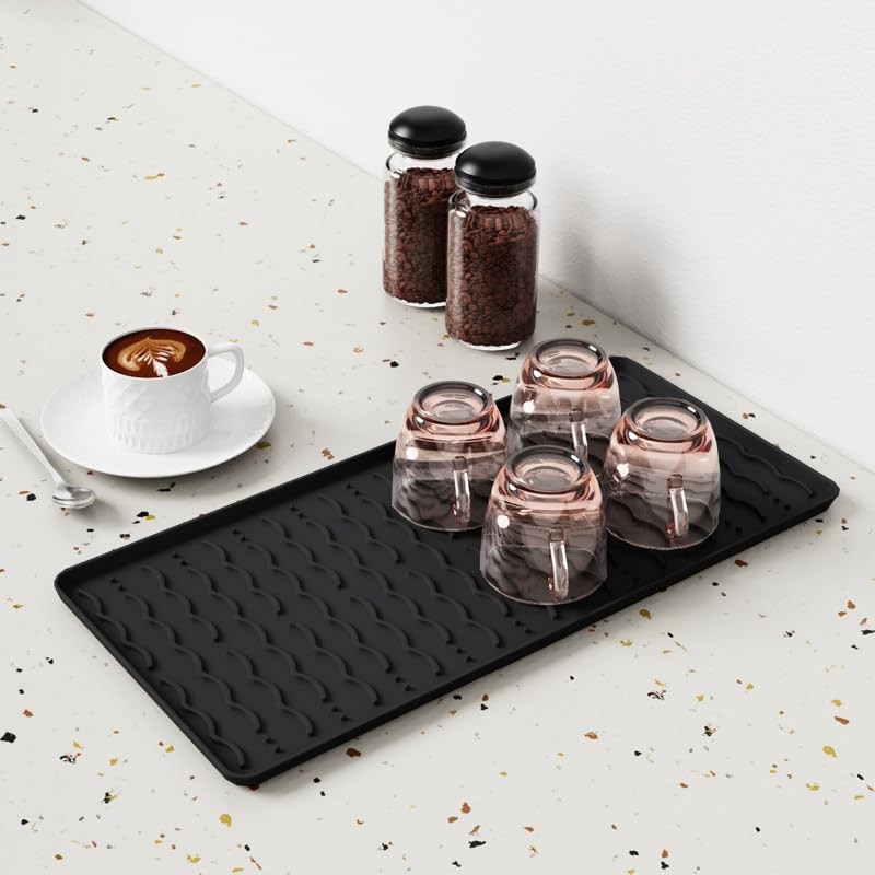 Silicone Coffee Mat,16''x24'' Coffee Bar Mat with Detachable Dish Drying