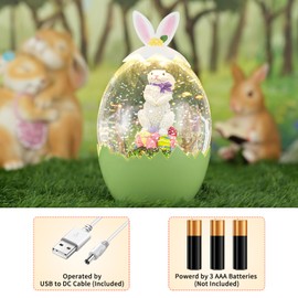 Easter Bunny Decor Snow Globe with 6-Hour Timer, Glittering Rabbit with Egg Lantern, USB/Battery Operated, Spring Home Decor for Office Party Decoration, Green