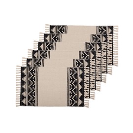 REDEARTH Placemats-Hand Woven Exquisite Artisan Made Table Linen for Dining Table, Coffee Table, Console, Dresser; 100% Cotton (13"x20"; Ziggurat Obsession Black) Set of 6