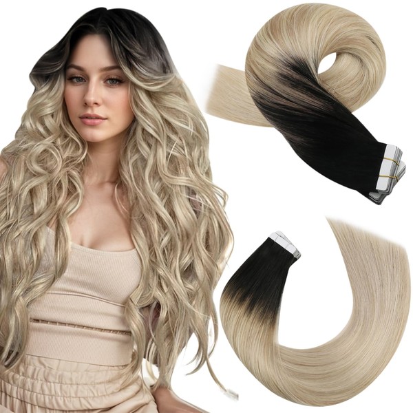 Moresoo Real Hair Extensions, Tape-In, Natural Black to Ash Blonde with Platinum Blonde #1B/18/60, Remy Hair, Invisible, 30 cm, 20 Pieces, 30 g